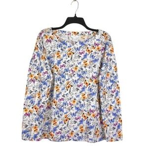 J. Jill Top Womens M L‎ Cream Multi Oversized Long Sleeve Butterfly Floral Print